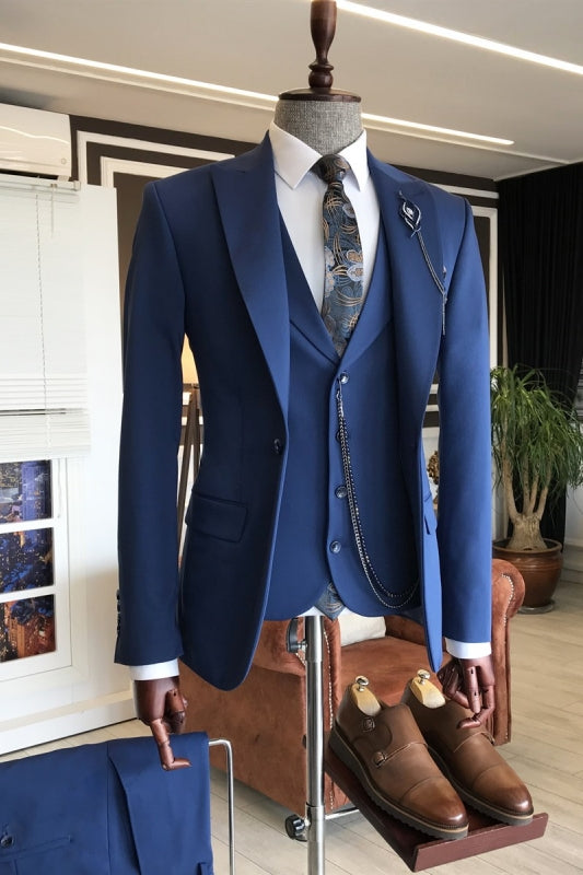 Peaked Lapel Three Pieces Slim Fit Blue Business Suits For Men
