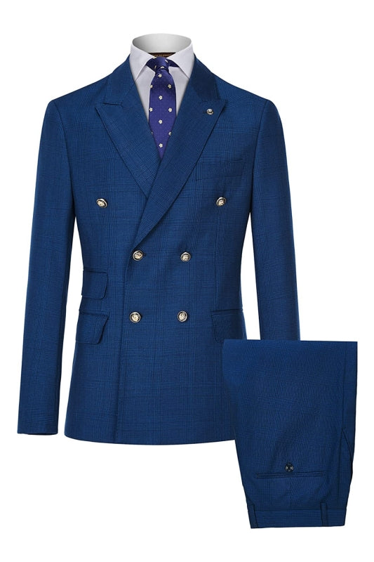 Blue Plaid Double Breasted Close Fitting Men Suits For Business