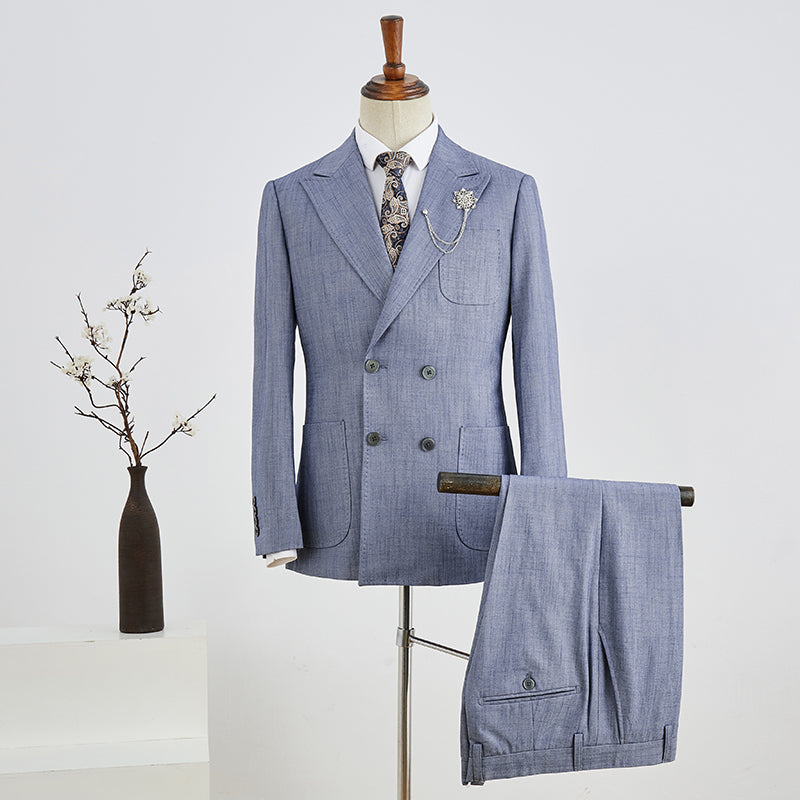 Blue Plaid Peaked Lapel Double Breasted Custom Business Suit