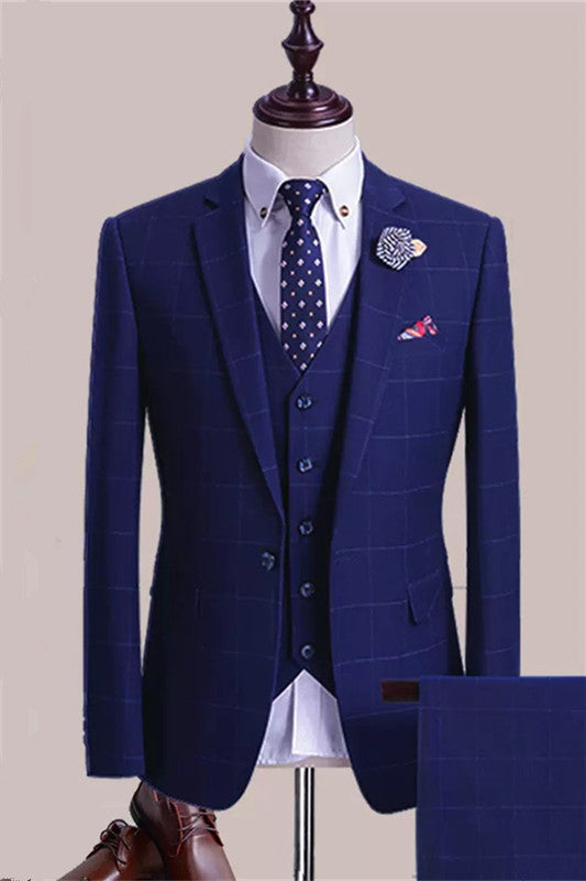 Blue Plaid Three Pieces Men Suits For Business