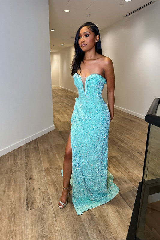 Blue Sequins Sleeveless Sweetheart Mermaid Prom Dress With Split Trumpet