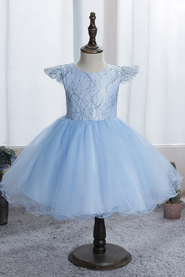 Blue Short Ball Gown Scoop Tulle Lace Flower Girl Dresses with Cap Sleeve-27dress