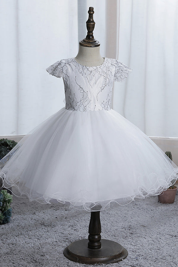 Blue Short Ball Gown Scoop Tulle Lace Flower Girl Dresses with Cap Sleeve-27dress