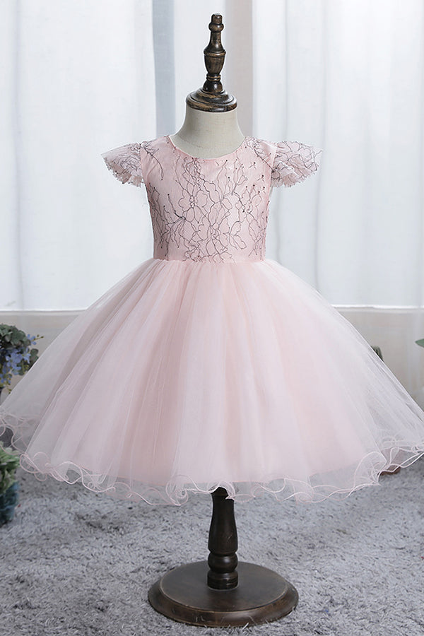 Blue Short Ball Gown Scoop Tulle Lace Flower Girl Dresses with Cap Sleeve-27dress