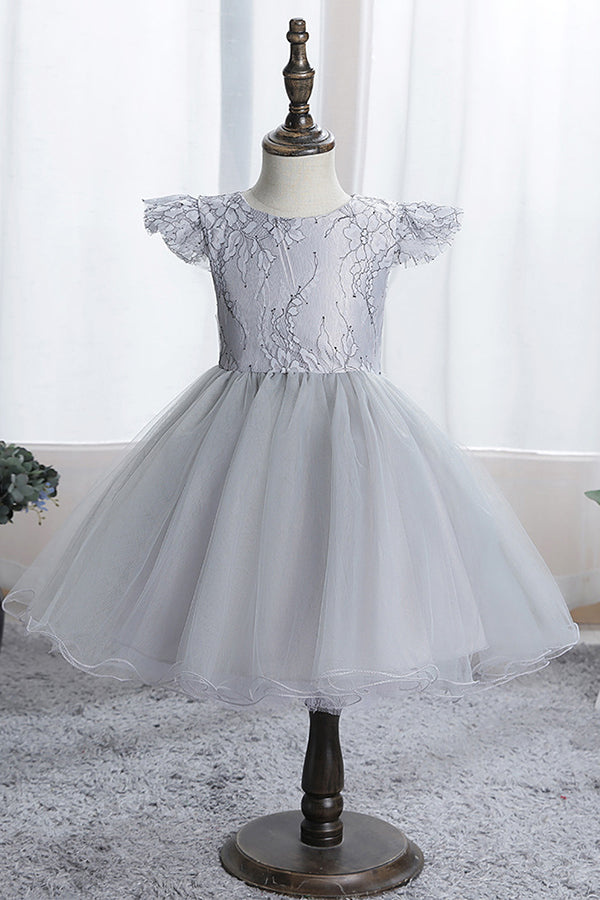 Blue Short Ball Gown Scoop Tulle Lace Flower Girl Dresses with Cap Sleeve-27dress