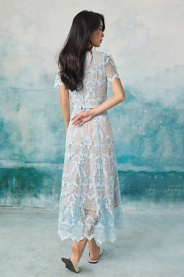 27Dress Blue Short Sleeves V-neck A-line Dresses with Sash