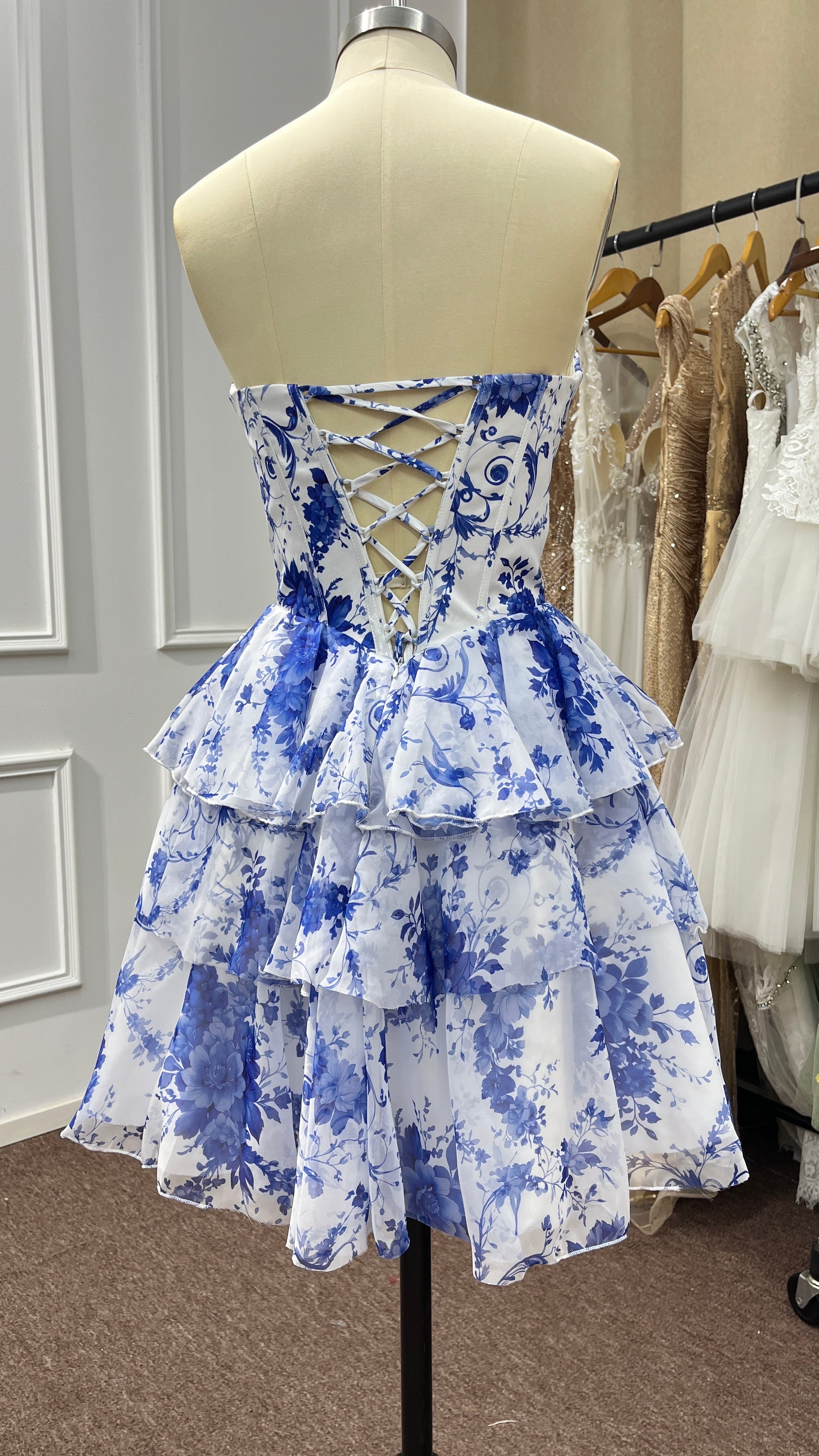 Blue Strapless Corset Short Floral Homecoming Dress - 27dress Blue Strapless Corset Short Floral Homecoming Dress - 27dress