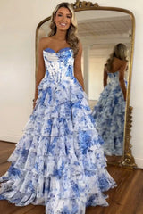 Strapless silk chiffon corset prom dress with blue floral details - front view - 27dress