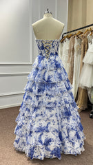 Biztunnel Blue Strapless Silk Chiffon Corest Floral Prom Dress