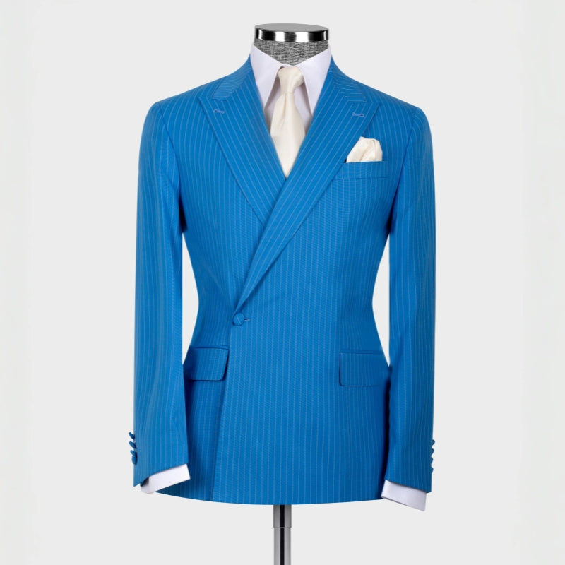 Striped Peaked Lapel Bespoke Blue Prom Suits