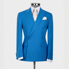 Striped Peaked Lapel Bespoke Blue Prom Suits