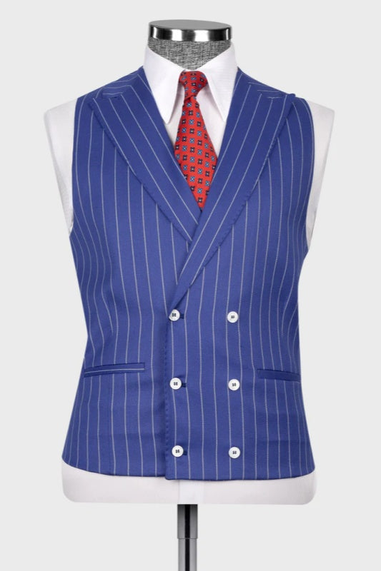 Blue Striped Peaked Lapel Three Pieces Prom Men Suits