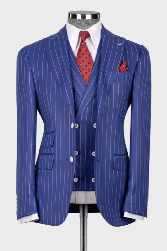 Blue Striped Peaked Lapel Three Pieces Prom Men Suits