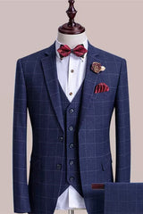 Three Pieces Notched Lapel Plaid Blue Business Suits