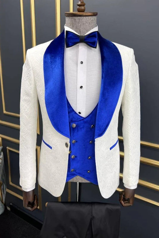 Velvet Shawl Lapel Three Pieces Jacquard Blue Wedding Suits