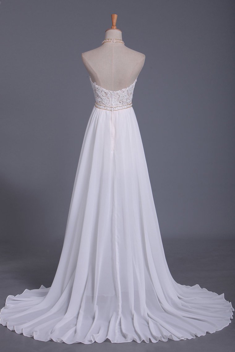 Boho Halter Chiffon Lace Wedding Dress Beadings Appliques Sleeveless Ruffles Bridal Gowns On Sale-27dress
