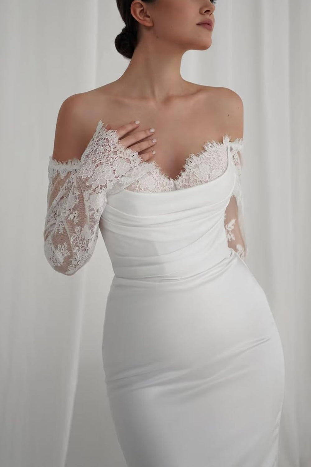 Boho Off-the-Shoulder Long Sleeves Lace Mermaid Wedding Dress-27dress