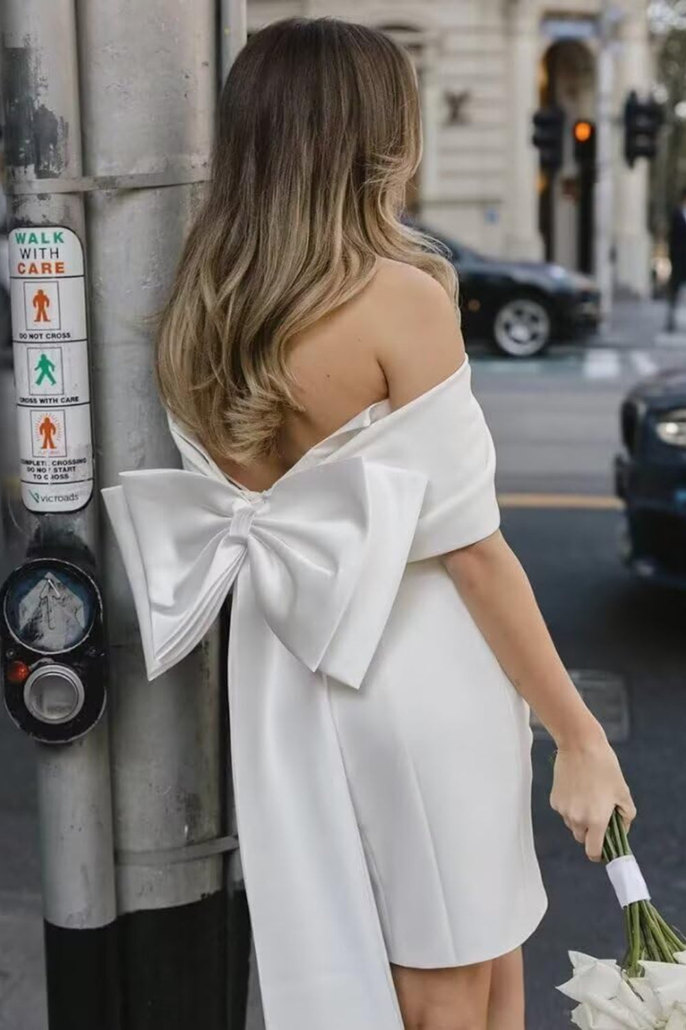 short wedding dresses with bow A-line Short Wedding Dress With Big Bow,Off The Shoulder Satin Wedding Dress,WD00896, US8 / Ivory