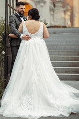 27DRESS Boho Sleeveless Plus Size Wedding Dresses with Lace Applique