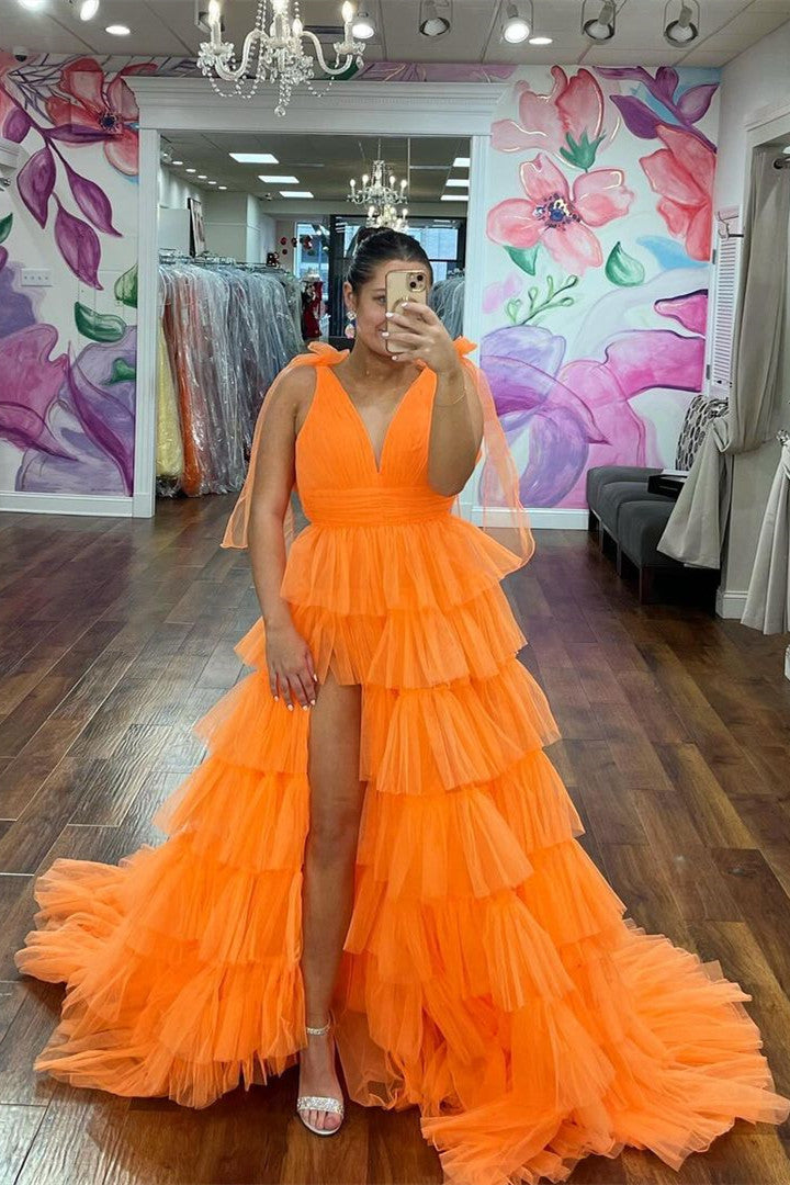 Bow Straps Orange V-Neck Ruffled Tulle Long Prom Dress with Slit 27dress Bow Straps Orange V-Neck Ruffled Tulle Long Prom Dress with Slit 27dress