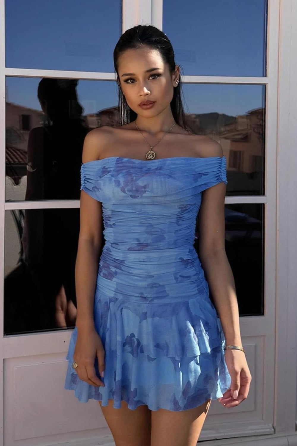 Model wearing blue off shoulder ruched layered chiffon mini dress ideal for Homecoming Dresses by 27dress