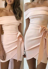 27Dress blush pink off the shoulder mini dress with side bow tulip wrap skirt Homecoming Dresses