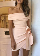 Blush off the shoulder mini dress with side bow and wrap skirt on model Homecoming Dresses