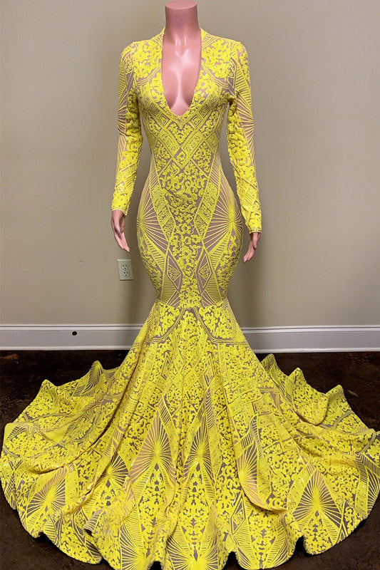 Bright Yellow Long Sleeves Long Mermaid Prom Dress With Embroidery