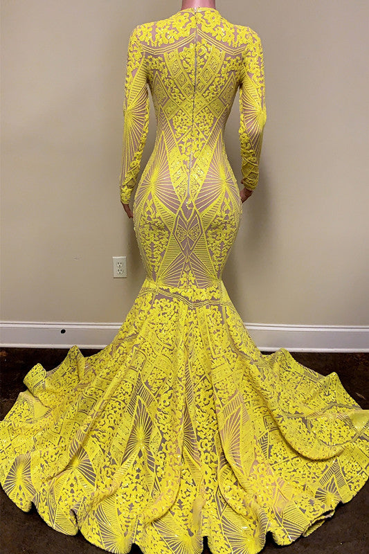 Bright Yellow Long Sleeves Long Mermaid Prom Dress With Embroidery