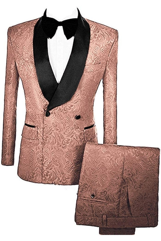 Double Breasted Jacquard Brown Wedding Suits With Velvet Lapel