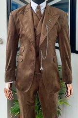 Peaked Lapel Three Pieces Velvet Brown Prom Suits