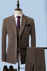 Single Breasted Three Pieces Peaked Lapel Brown Business Suits