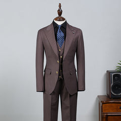 Brown Striped Peaked Lapel Slim Fit Business Suit