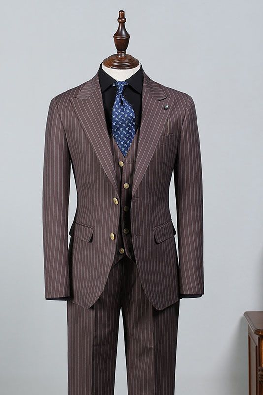 Brown Striped Peaked Lapel Slim Fit Business Suit