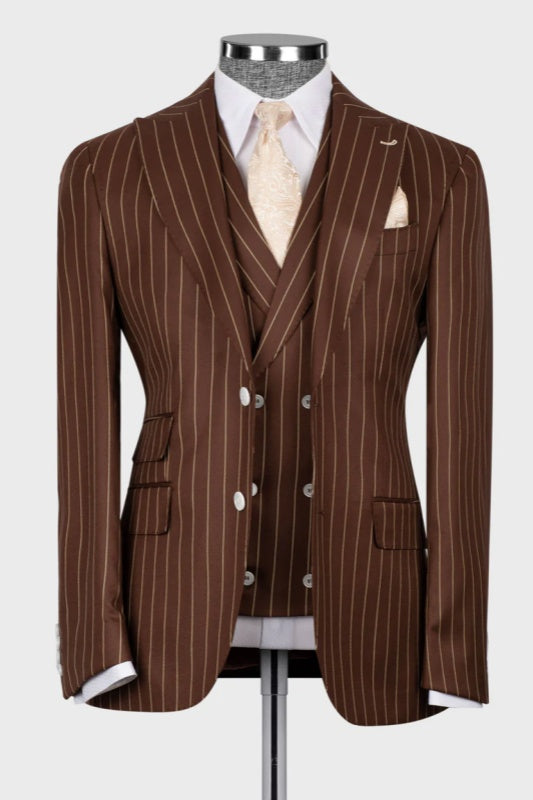 Brown Striped Peaked Lapel Three Pieces Prom Men Suits