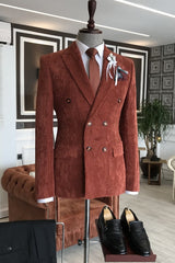 Corduroy Peaked Lapel Double Breasted Burgundy Prom Suits