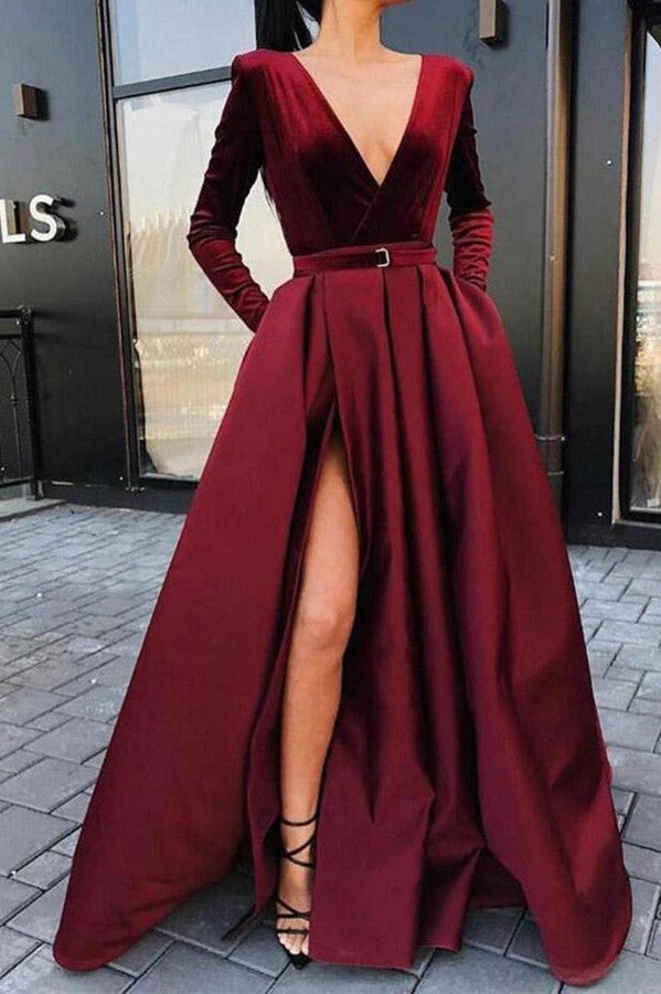 Burgundy Deep V Neck Long Sleeves A Line Long Prom Dress With Front Split
