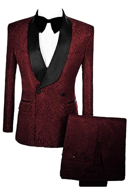Double Breasted Jacquard Burgundy Wedding Suits With Velvet Lapel