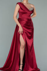 Burgundy Gorgeous One Shoulder Split Prom Dress With Sequins