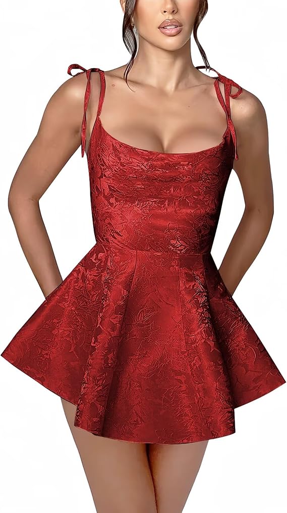 Short A-line Spaghetti Straps Satin Sleeveless Party Dress Jacquard Homecoming Dress