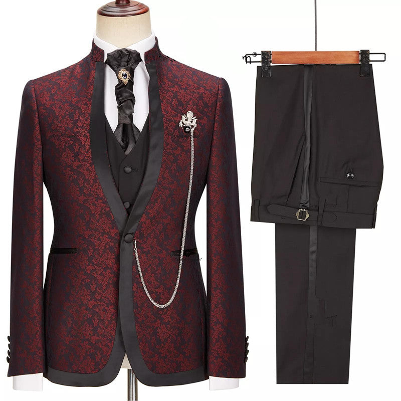 Jacquard One Button Stylish 3-Piece Burgundy Wedding Suits With Special Lapel