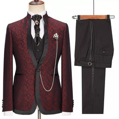 Jacquard One Button Stylish 3-Piece Burgundy Wedding Suits With Special Lapel