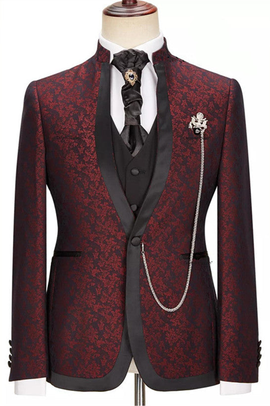 Jacquard One Button Stylish 3-Piece Burgundy Wedding Suits With Special Lapel