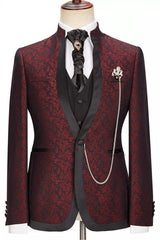 Jacquard One Button Stylish 3-Piece Burgundy Wedding Suits With Special Lapel