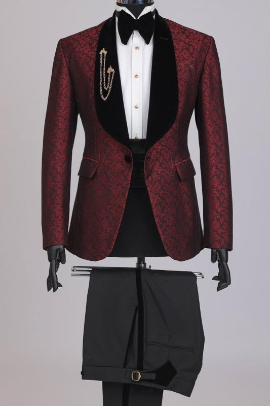 Jacquard Shawl Lapel Burgundy Wedding Suits For Men