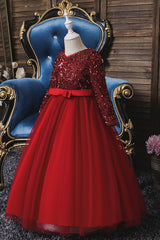 Burgundy Long Sleeve Sequins Tulle Flower Girl Dresses-27dress