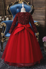 Burgundy Long Sleeve Sequins Tulle Flower Girl Dresses-27dress