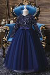 Burgundy Long Sleeve Sequins Tulle Flower Girl Dresses-27dress
