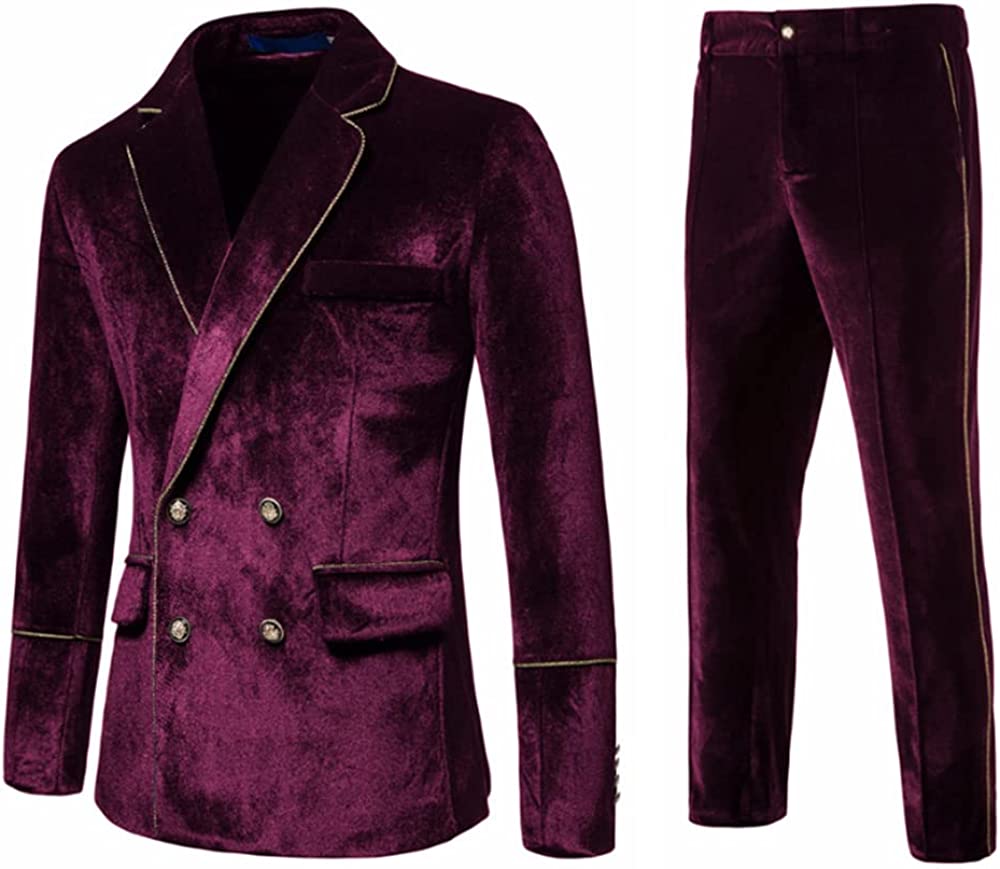 Notched Lapel Double Breasted Velvet Burgundy Prom Suits