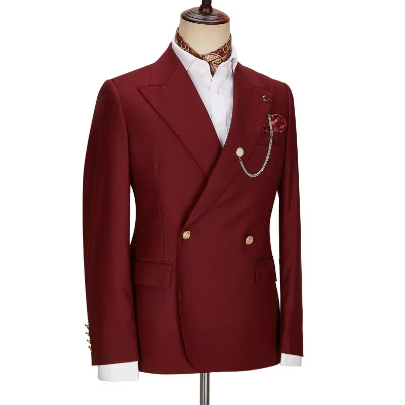 Peaked Lapel Double Breasted Burgundy Prom Suits